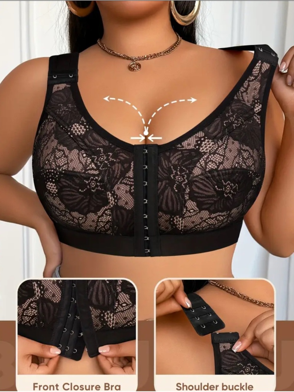 Front-Closure Lace Support Bra - Black